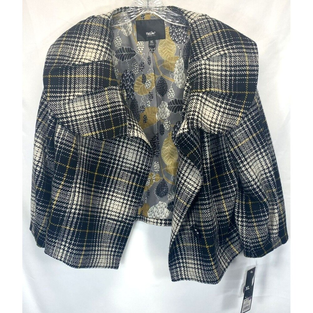 Mossimo Womens Cropped Coat XL Wool Blend Black White Mustard Plaid NEW